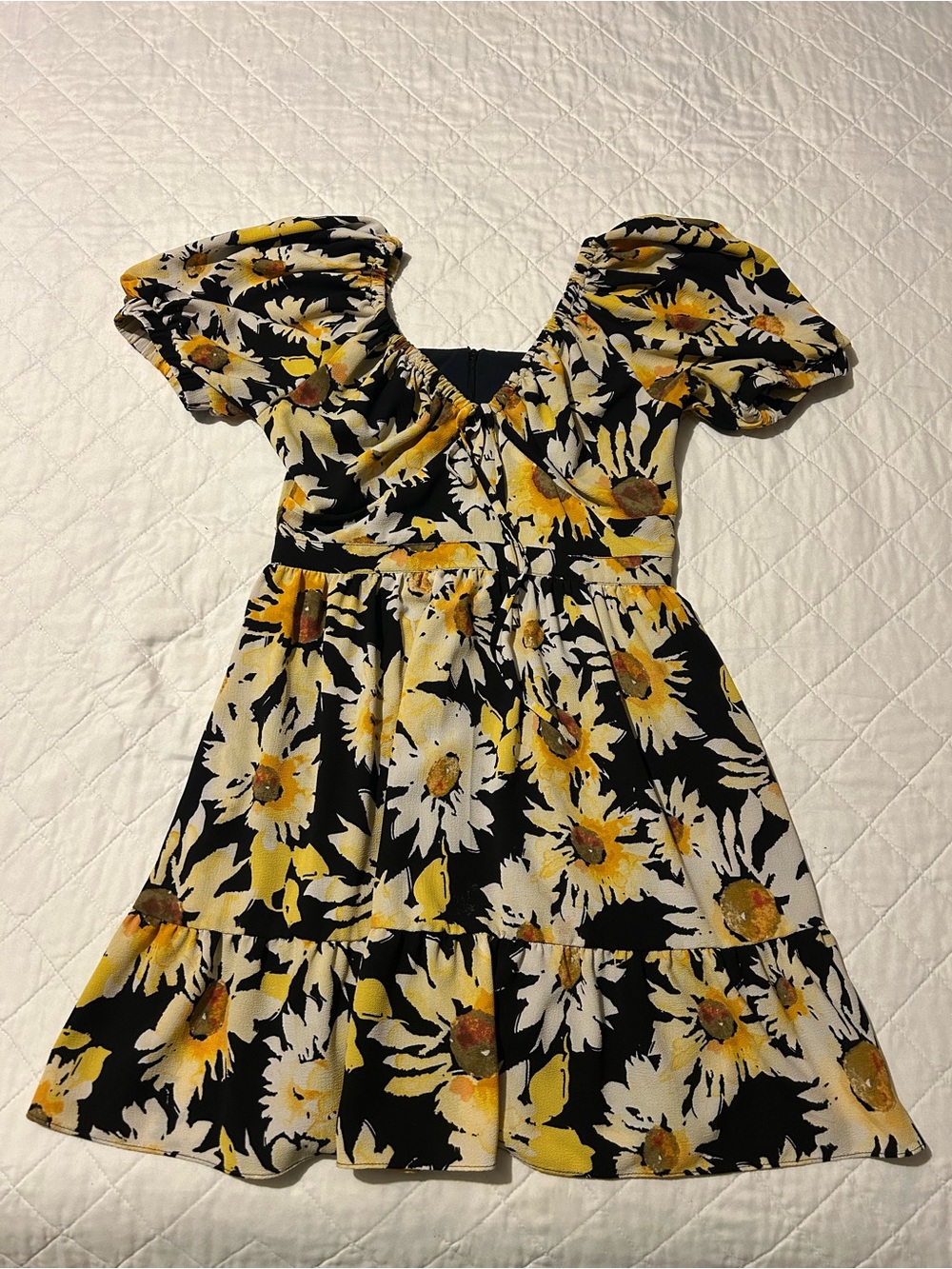 Black and Yellow Sunflower Puff-Sleeve Dress